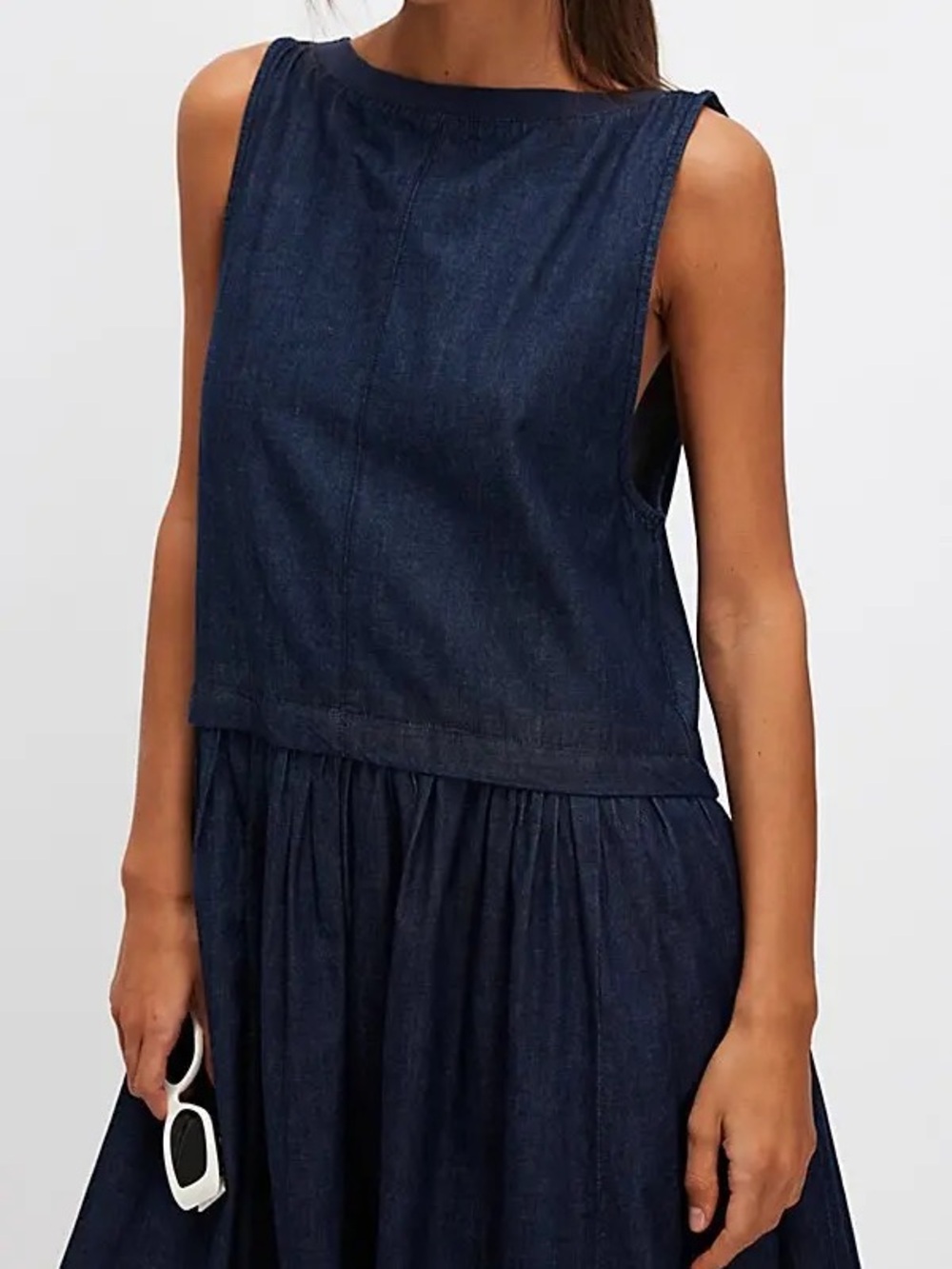 Free People Retro 90s Soraya Dark Denim Drop Waist Midi Jumper Dress Size Medium - Picture 2 of 13